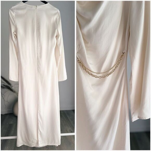 ZARA CHAIN TRIM SATIN EFFECT MIDI DRESS ECRU SMALL NWT - Picture 4 of 4